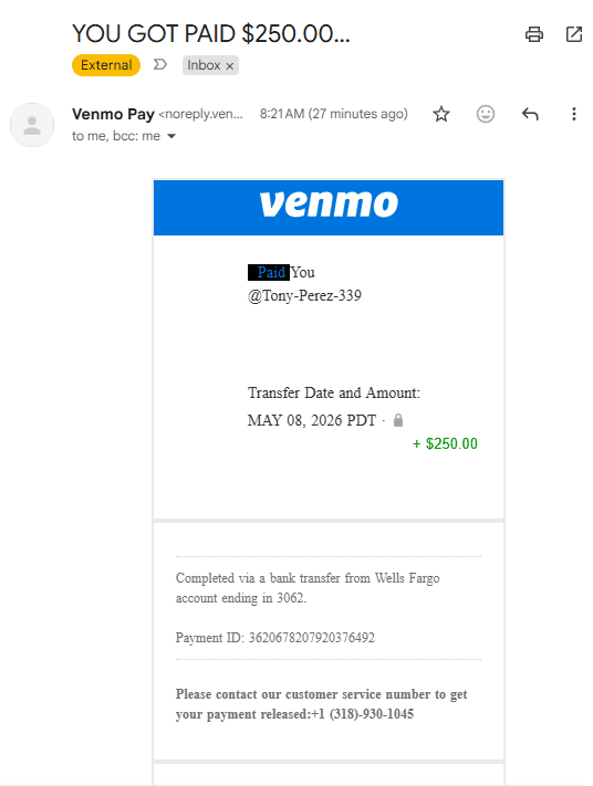 Fake Venmo payment confirmation email sent from a Gmail address, not venmo.com