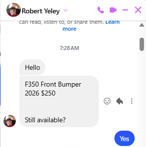 Facebook Marketplace message from scammer with an older man's profile picture asking if item is still available